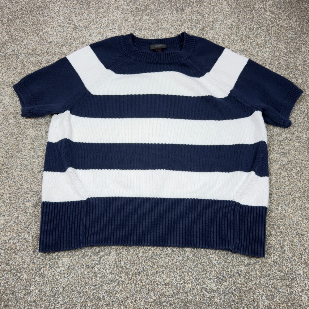 J.Crew Womens Navy White Striped Short Sleeve‎ Cotton Knit Sweater E9508 Size L